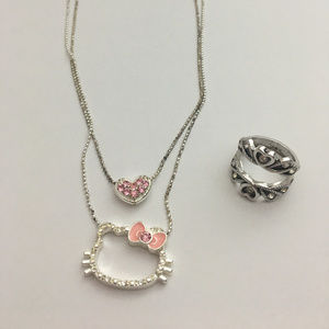 Silver Hello Kitty Necklace and Hear Ring Set